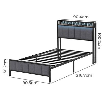 Levede Large Single Bed Frame Metal 90x200cm LED Headboard Charging Station