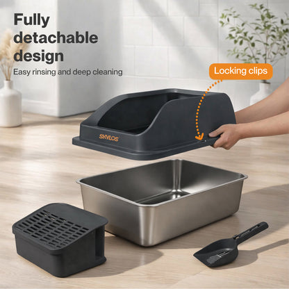 Skylos Stainless Steel Cat Litter Box Big Cats Kitten High Sided Easy Clean Grey