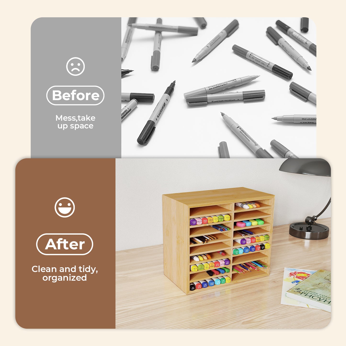 Levede Marker Pen Storage Bamboo 18 Compartment Desk Organiser Craft Stationary