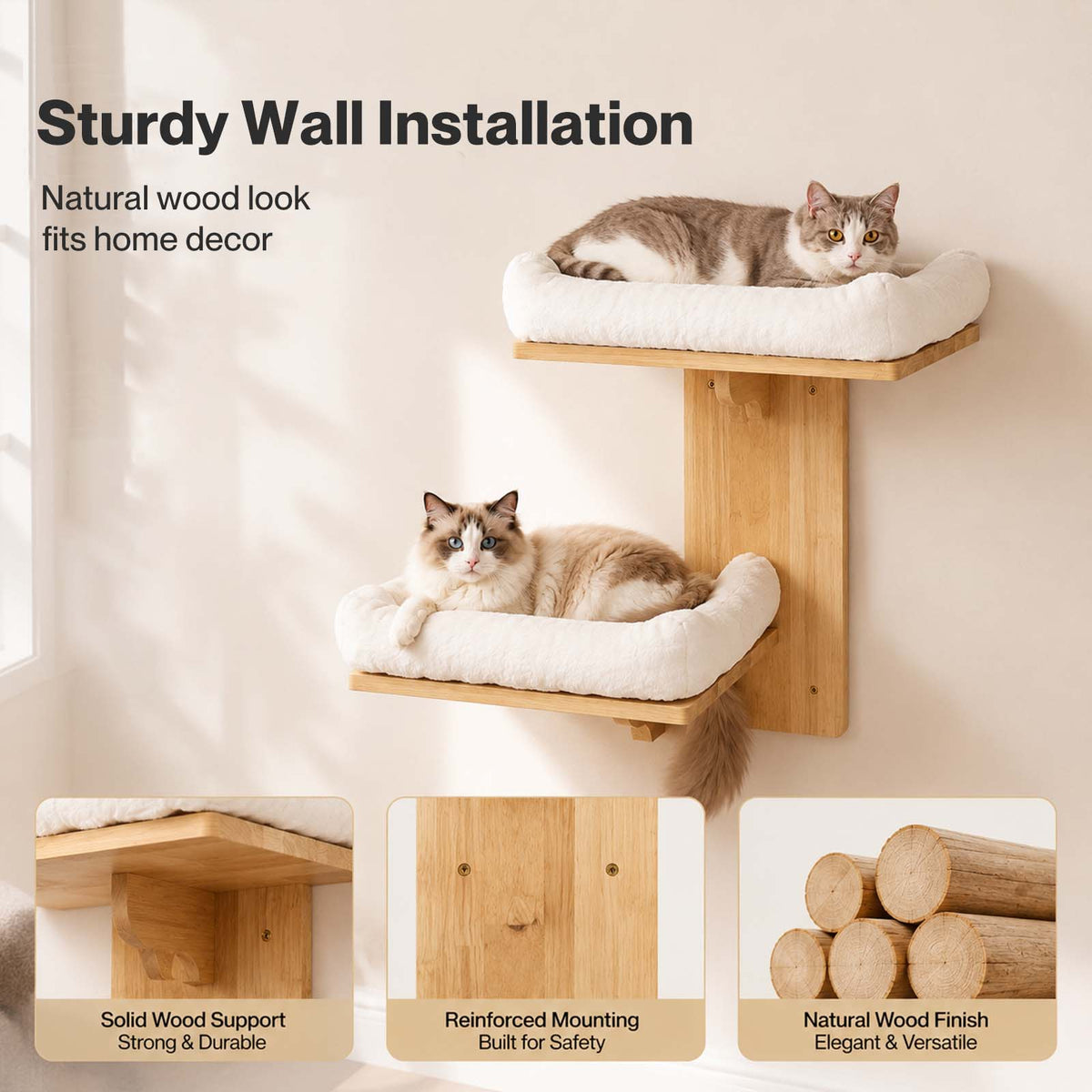 Skylos Cat Wall Shelves 2 Platform Steps Rubber Wood for Cat Climbing White