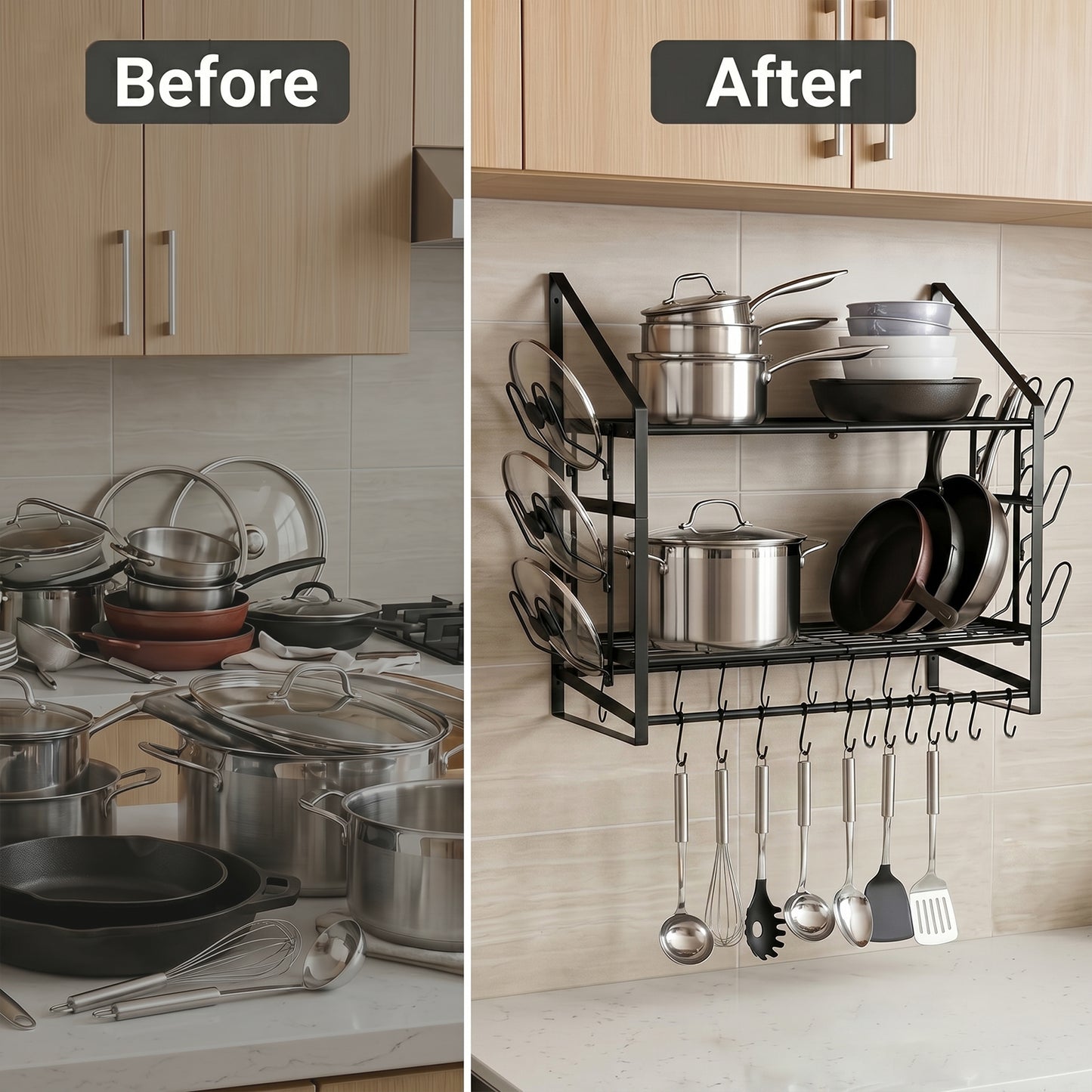 TOQUE Pot Rack Kitchen Storage Organiser Shelf Pan Rack 20 Hooks Lid Holders