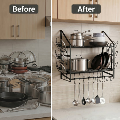 TOQUE Pot Rack Kitchen Storage Organiser Shelf Pan Rack 20 Hooks Lid Holders