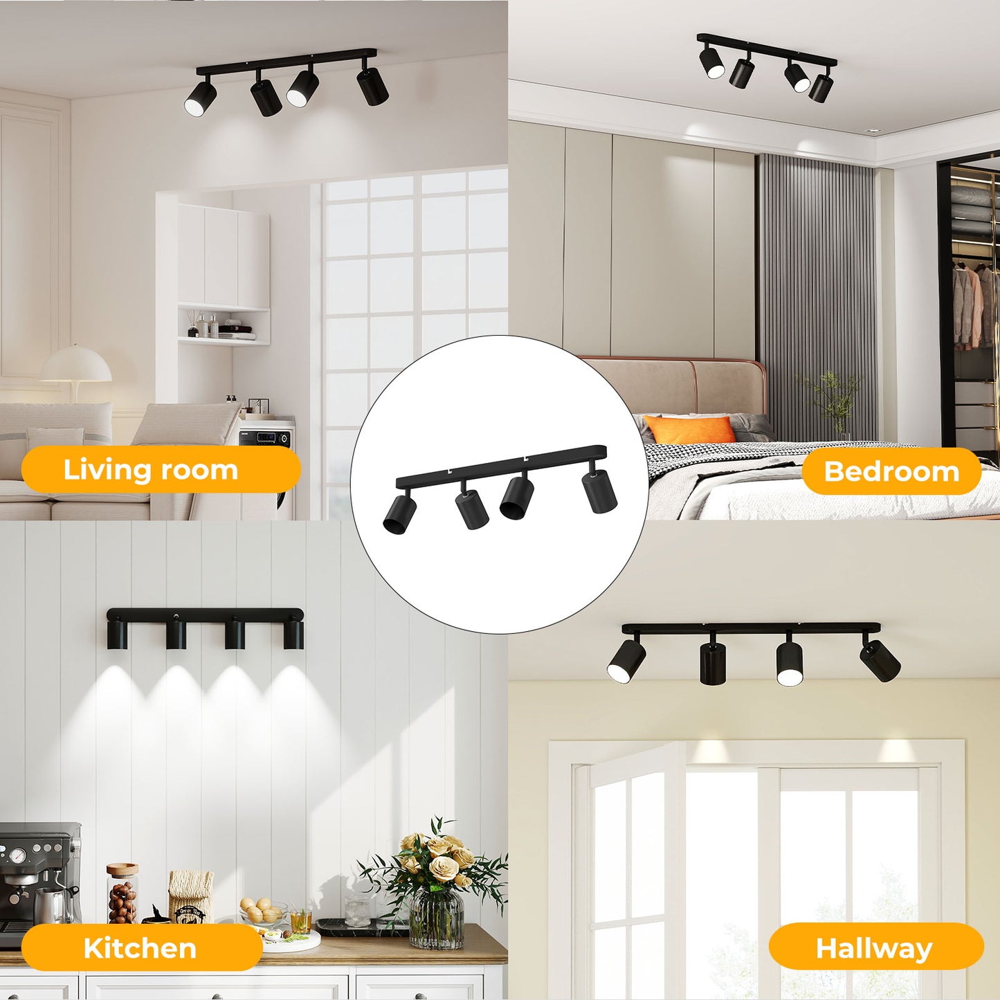 EMITTO Led Ceiling Spot Light GU10 4-Way Fully Adjustable Steel Modern Black
