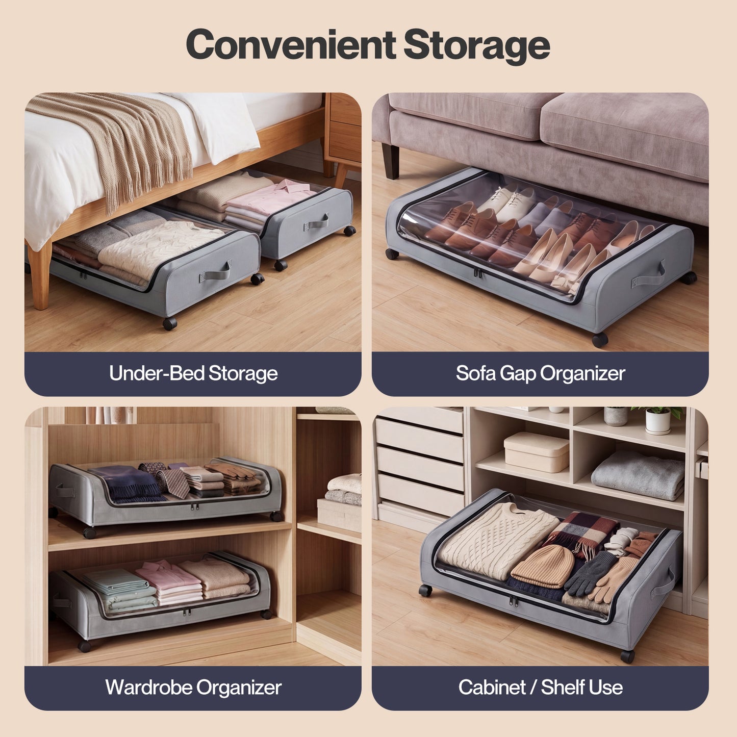 Levede Under Bed Storage Boxes with Lids  46L x2  Rolling  Grey  Oxford