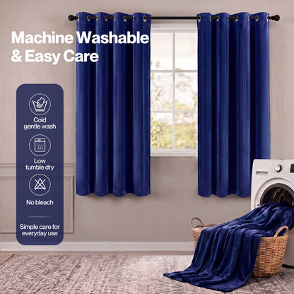 Marlow Thick Thermal Blackout Curtains Velvet 46x54 Inch Eyelet Ring Top Blue