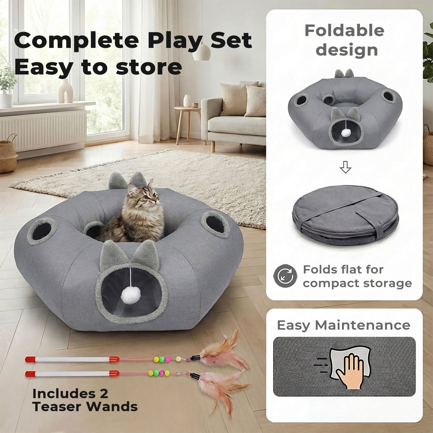 Skylos Foldable Cat Tunnel Bed Interactive Donut Toy for Indoor Cats Kittens