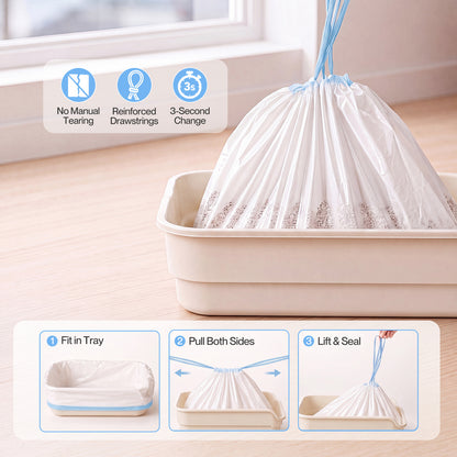 Skylos Cat Litter Bags Drawstring Tear Resistant 120 Pack Auto Litter Tray Blue