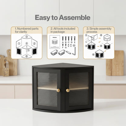 Bread Bin  Corner Bread Bin for Kitchen  Double-Layer Bamboo Box  Black