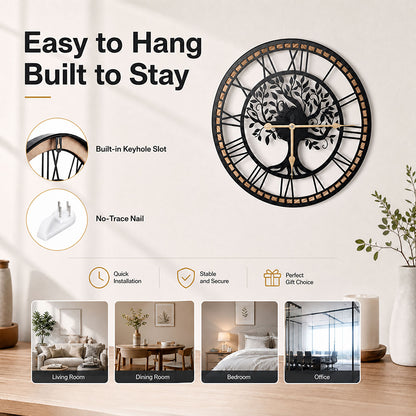 Yezi Wall Clock Silent Quartz Tree Design 40Cm Large Face For Living Room Black