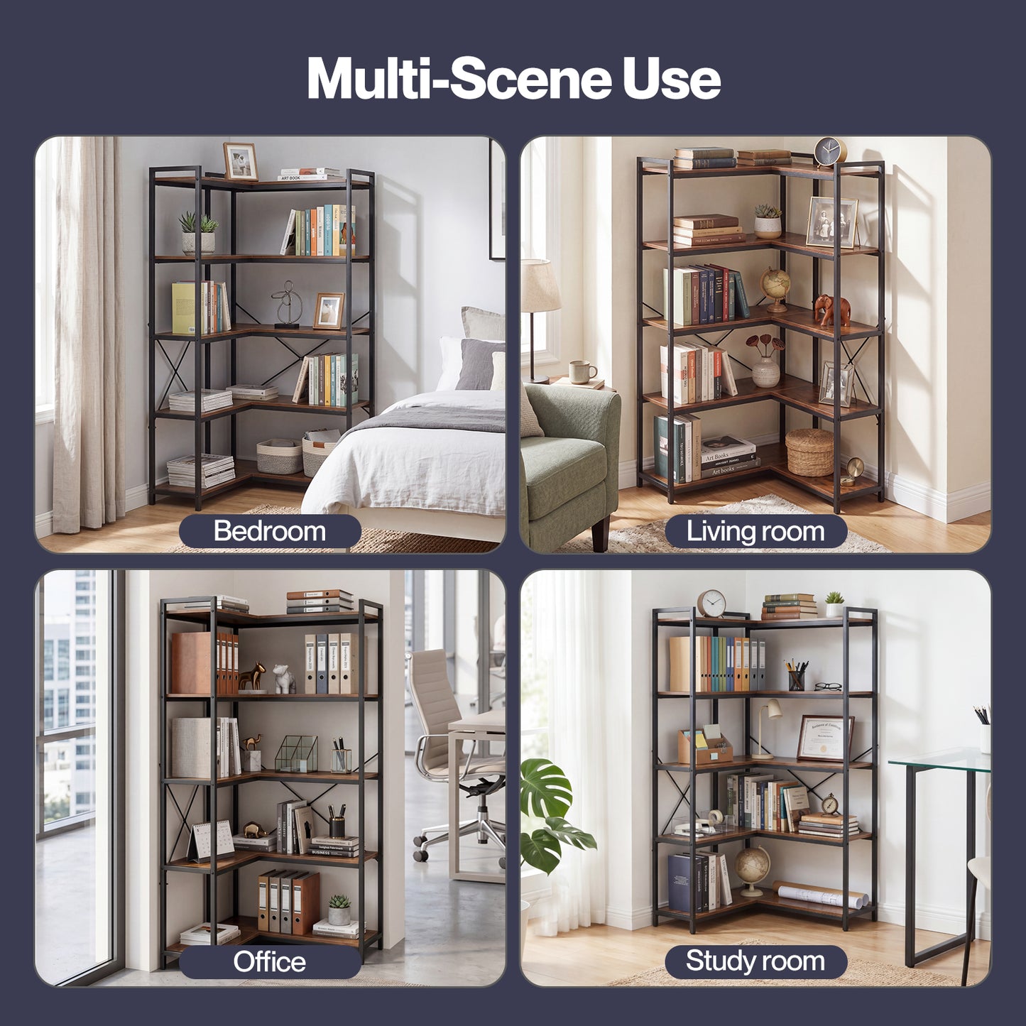 Levede Corner Bookcase 5-Tier L-Shaped Bookshelf Space-Saving Spice Walnut Black Metal