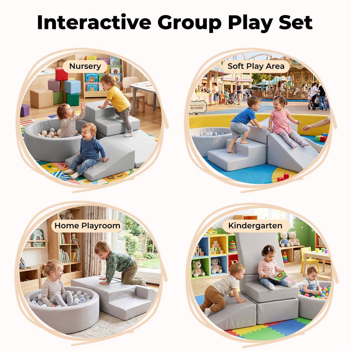 Dekko Soft Play Set 5Pc PU Leather Foam Blocks Baby Climbing Sliding Indoor Grey