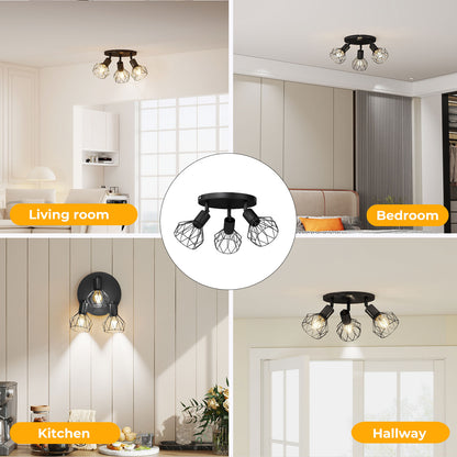 EMITTO 3-Way Spotlight Ceiling Light Adjustable Vintage Black E14 Metal Fixture