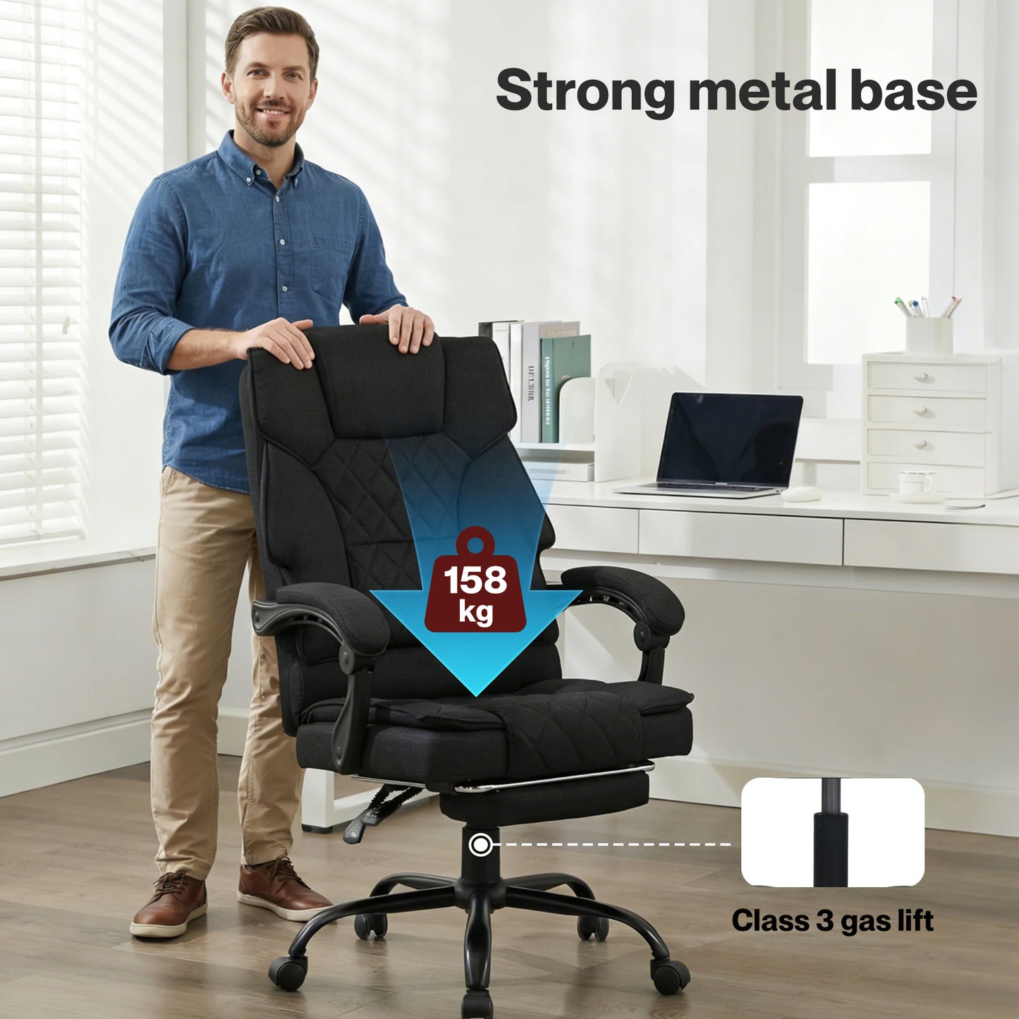 Levede Office Chair with Footrest Linen Fabric High Back Swivel 135° Reclining