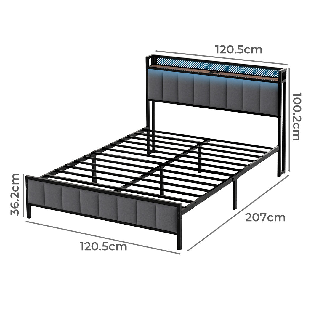 Levede Small Double Bed Frame Metal Platform LED Headboard Charging Station Grey