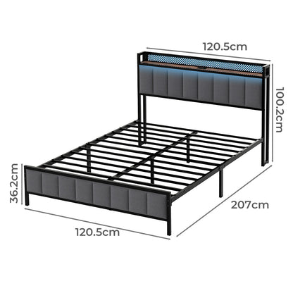 Levede Small Double Bed Frame Metal Platform LED Headboard Charging Station Grey