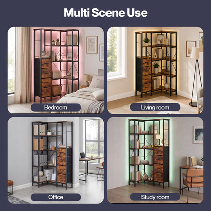 Levede Corner Bookcase with 4 Fabric Drawers & LED Light 5 Tier Bedroom Rustic