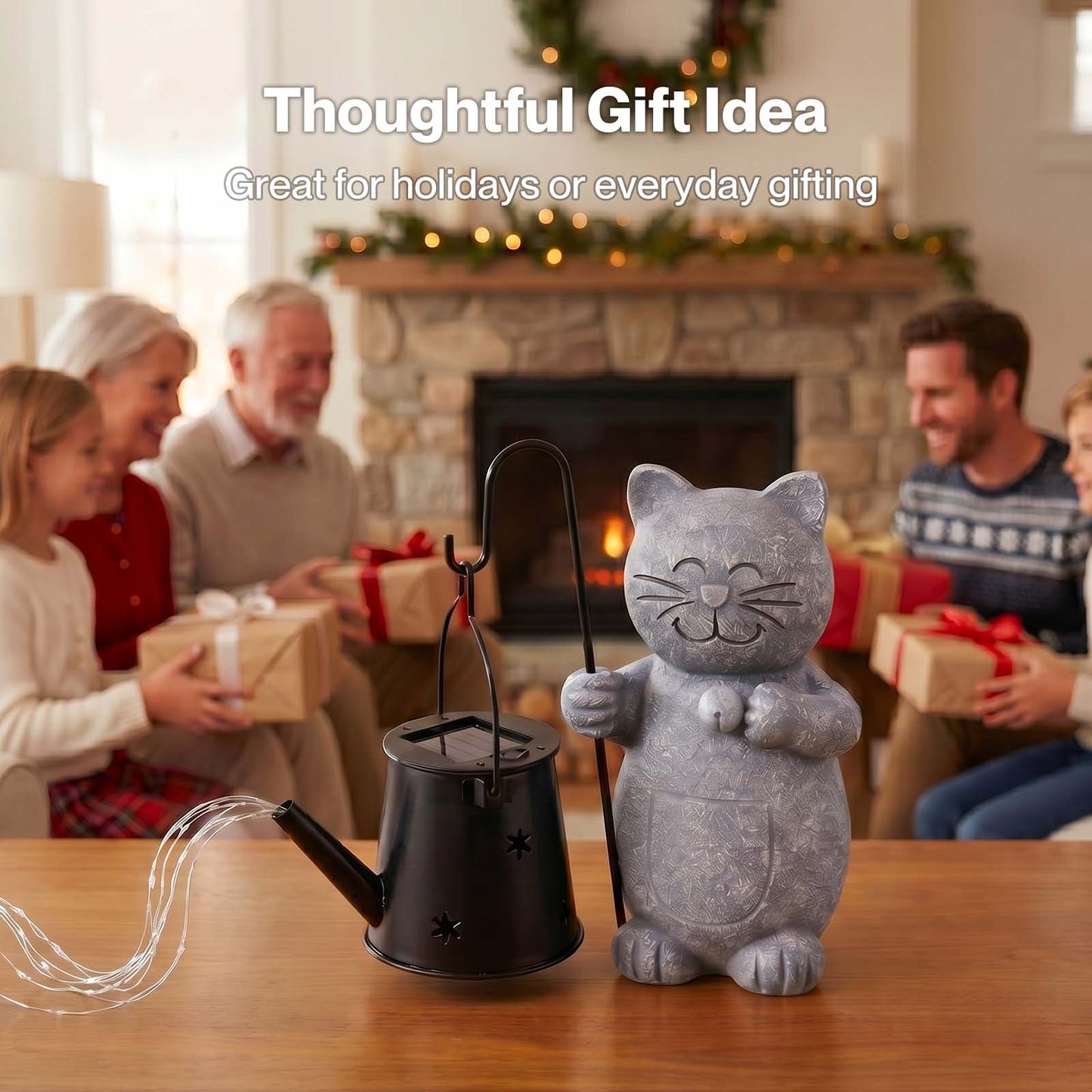 Emitto Solar Light Cat Garden Statue Ornament Resin Metal Stone Grey Black
