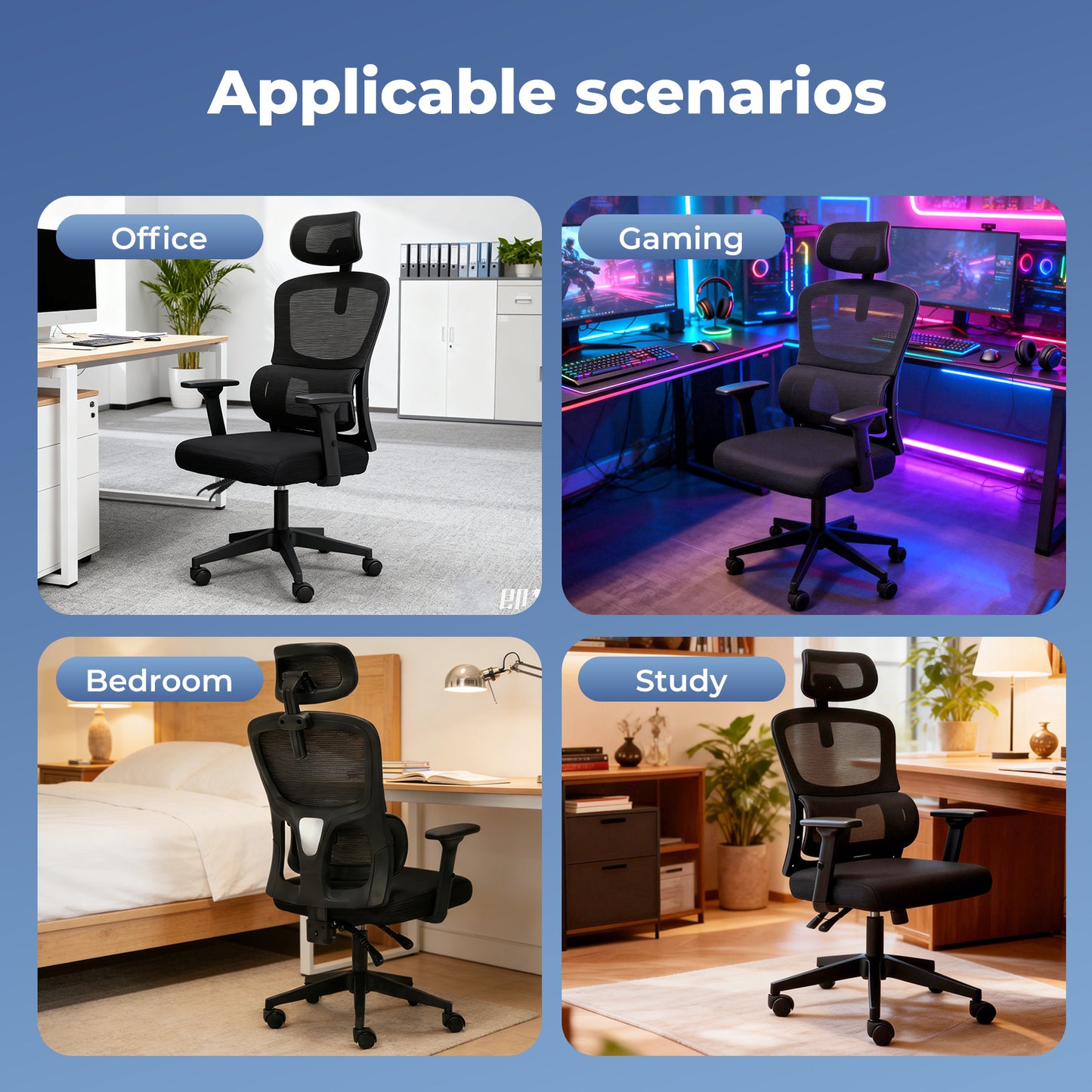 Office Computer Chair Mesh Ergonomic Lumbar Support with 3D Armrest Headrest