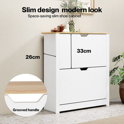 Levede Shoe Cabinet White Narrow Flip Drawers Adjustable Shelves Storage Cabinet