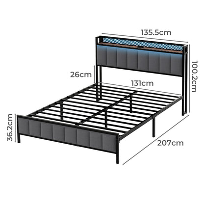 Levede Double Bed Frame Upholstered Headboard Metal Mattress Base LED Lights USB