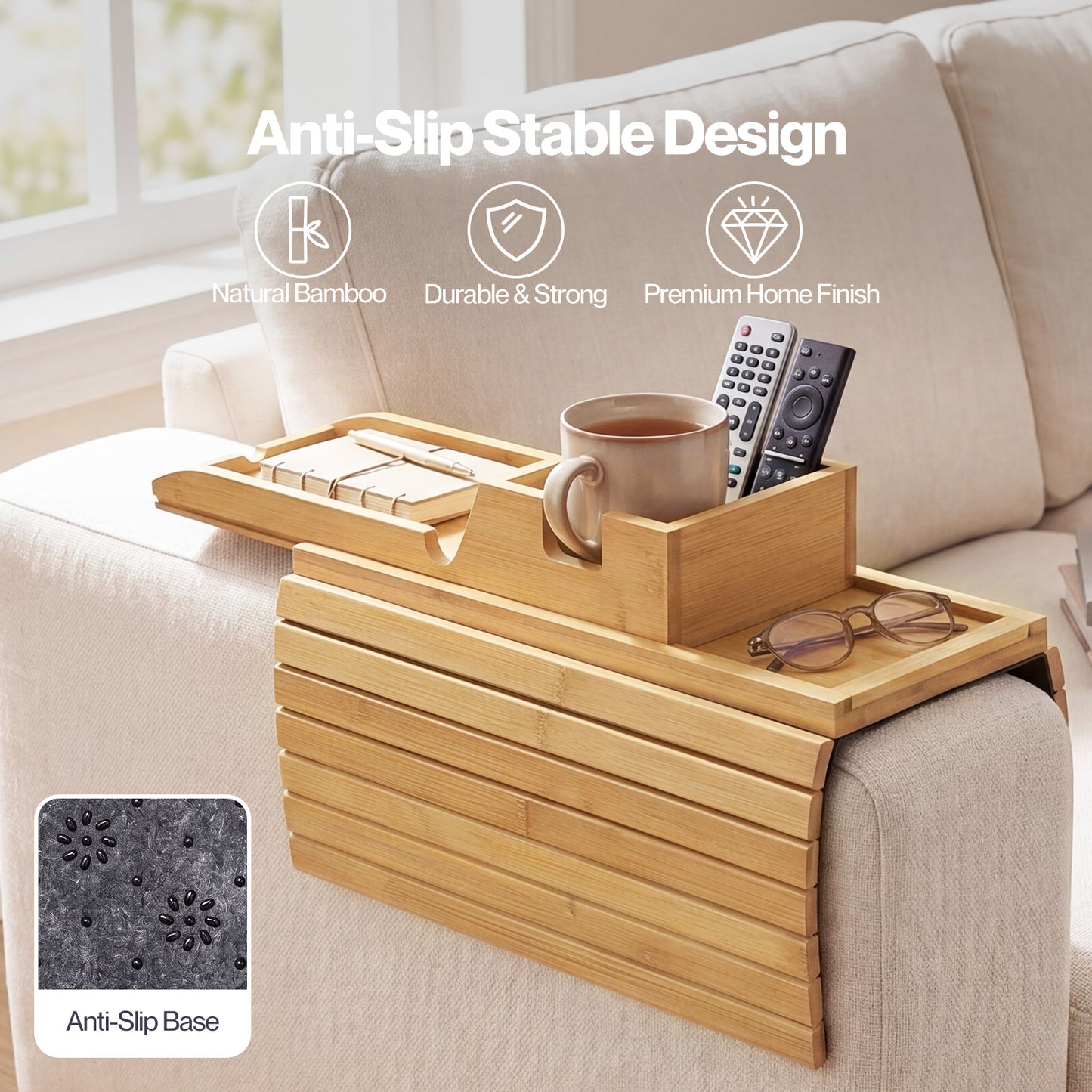 Levede Sofa Arm Tray Table 2 in 1 Bamboo Couch Armrest Organiser Cup Mug Holder
