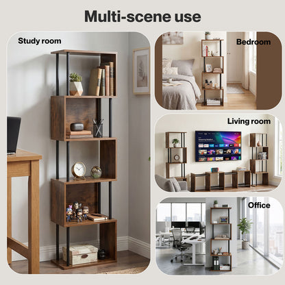 Levede 5-Tier Bookshelf S-Shaped Geometric Tall Bookcase Storage Unit Walnut