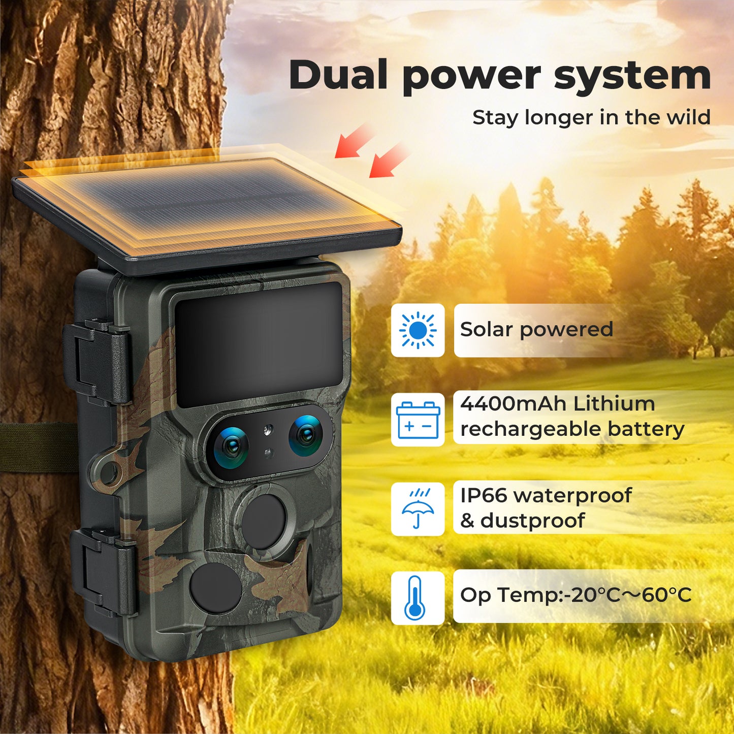 Centra Solar Trail Camera 4K Dual Lens WiFi Bluetooth Night Vision 32GB Card