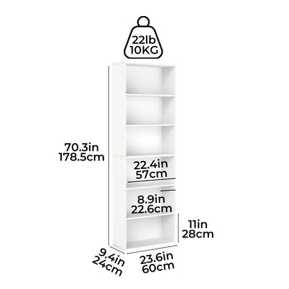 Levede Slim 6 Tier Bookshelf Narrow Bookcase  Storage Shelf Organizer Unit White