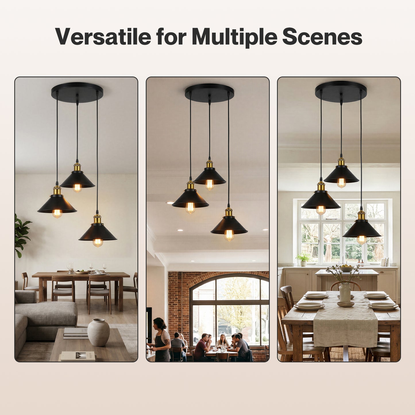 Emitto Pendant Light 3 Lights Height Adjustable Vintage Ceiling Light Black