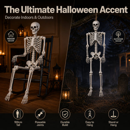 Yezi Halloween Skeleton Life Size 169cm Posable Jointed ABS Spooky Patio White