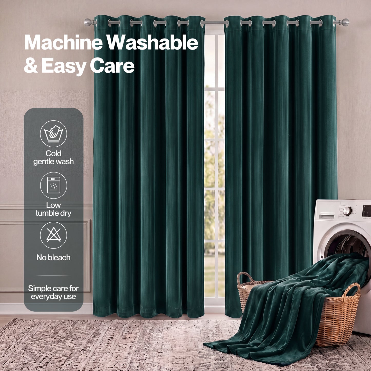 Marlow Thick Thermal Blackout Curtains Velvet 66x72 Inch Eyelet Ring Top Green