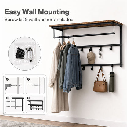 Levede Coat Rack Wall Mounted 10kg Wooden Shelf Hooks Hanger Storage Metal Brown