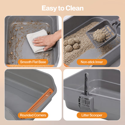 Skylos Cat Litter Tray Spacious High Sided Low Entry Open Pan for Cats Grey
