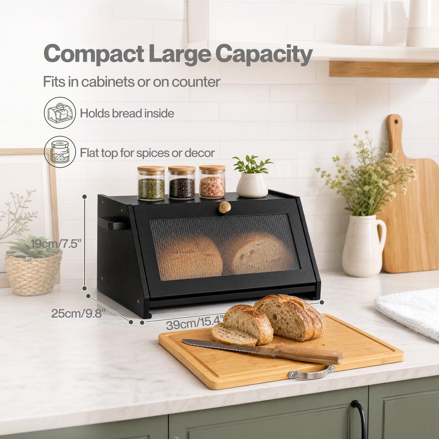 TOQUE Bread Box  Wooden Bread Bin 2-Tier Bamboo Bread Storage Holder Black
