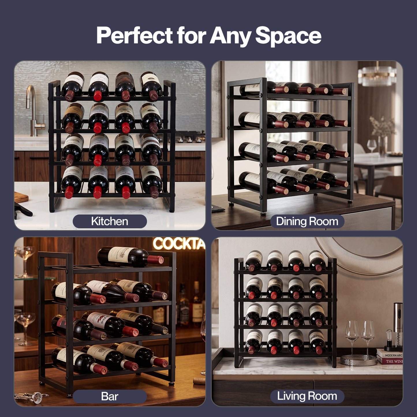 Levede 16 Bottle Wine Rack Countertop Wine Storage Organiser 4 Tier Metal Black