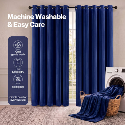 Marlow Thick Thermal Blackout Curtains Velvet 66x90 Inch Eyelet Ring Top Blue