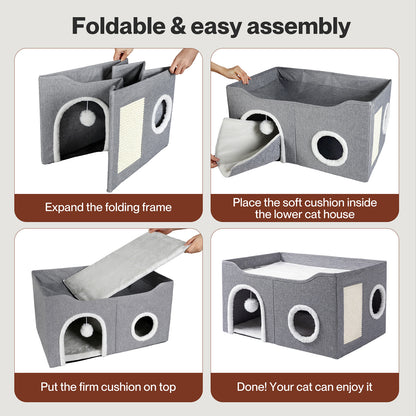 Skylos Cat House 2-Layer Large Soft Cave Cube Fluffy Ball Grey Scratching Board