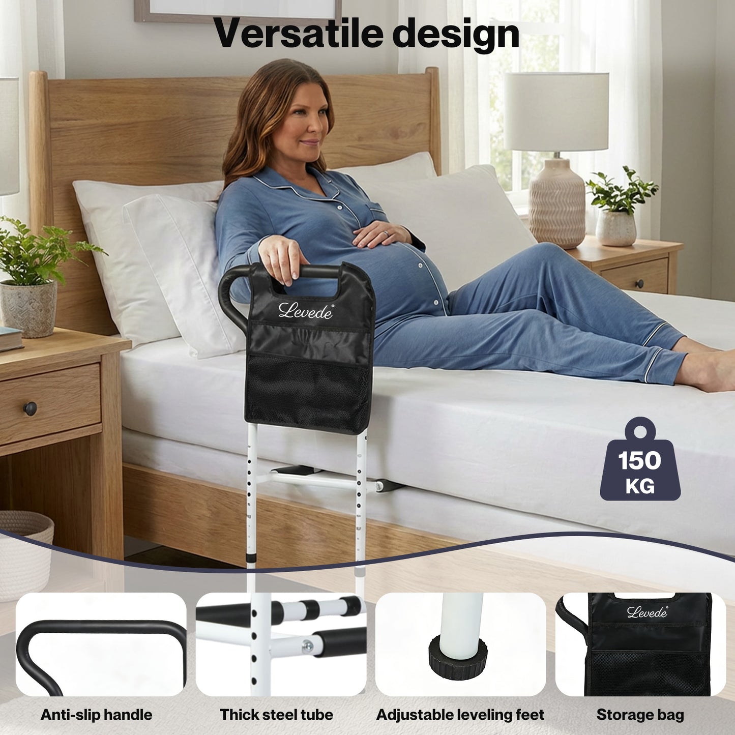 Levede Bed Rail Frame Adjustable Bedside Support Bar Bedroom Handle Storage Bag