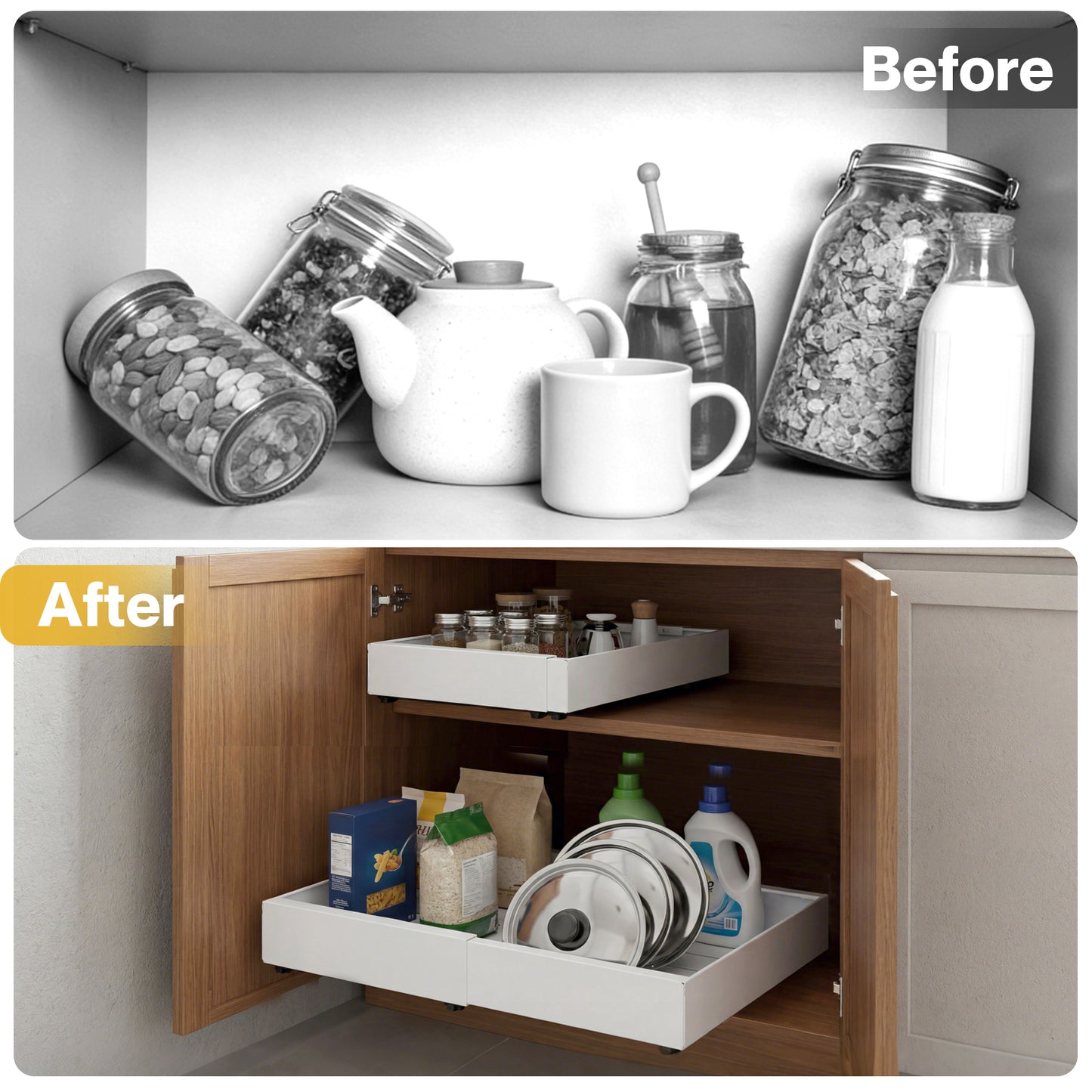TOQUE Pull Out Cabinet Organizer Adhesive 2 Pcs Expandable White Storage Drawers