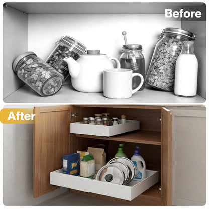 TOQUE Pull Out Cabinet Organizer Adhesive 2 Pcs Expandable White Storage Drawers