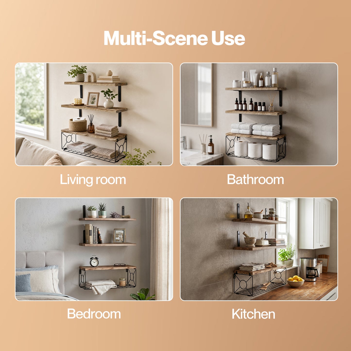 Levede Wood Floating Shelves 3 Tier Bathroom Wall Shelves with Storage Basket