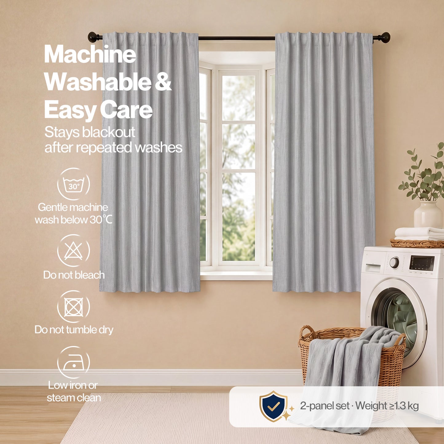 Marlow 100% Blackout Curtains Thermal Linen Look Pair Ready Made 46x54 in Grey