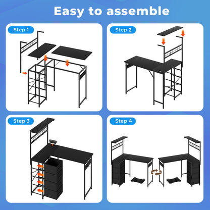 Levede L Shaped Gaming Desk with Led Light Storage Drawers Coner Computer Table