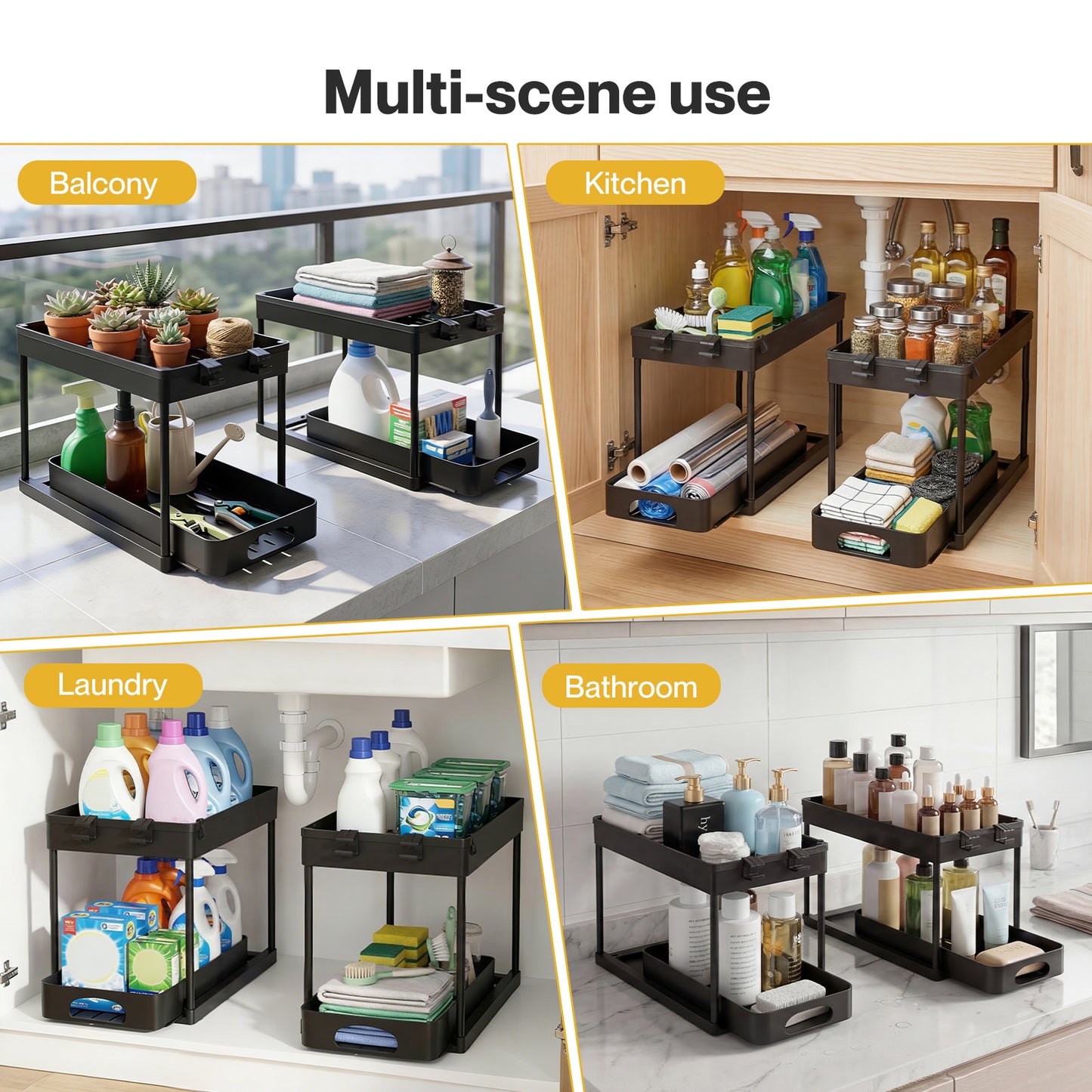 Toque Under Sink Storage Kitchen Sliding Drawer Pull Out Organiser 2 Pack Black