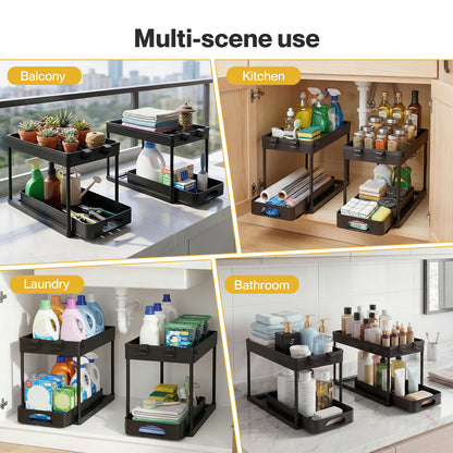 Toque Under Sink Storage Kitchen Sliding Drawer Pull Out Organiser 2 Pack Black