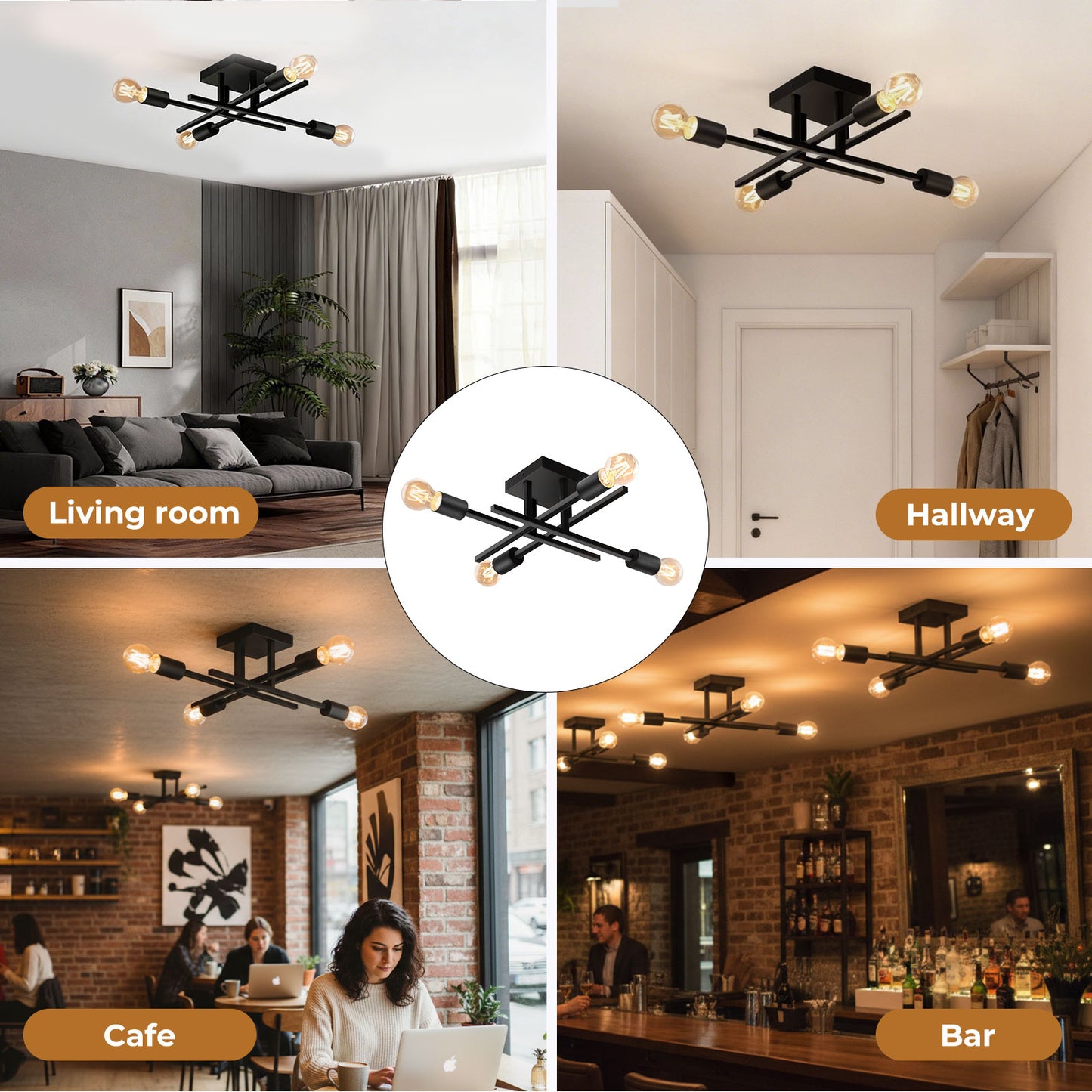 EMITTO Semi Flush Mount Ceiling Light Fixture Matte Black 4 Light E27 Socket