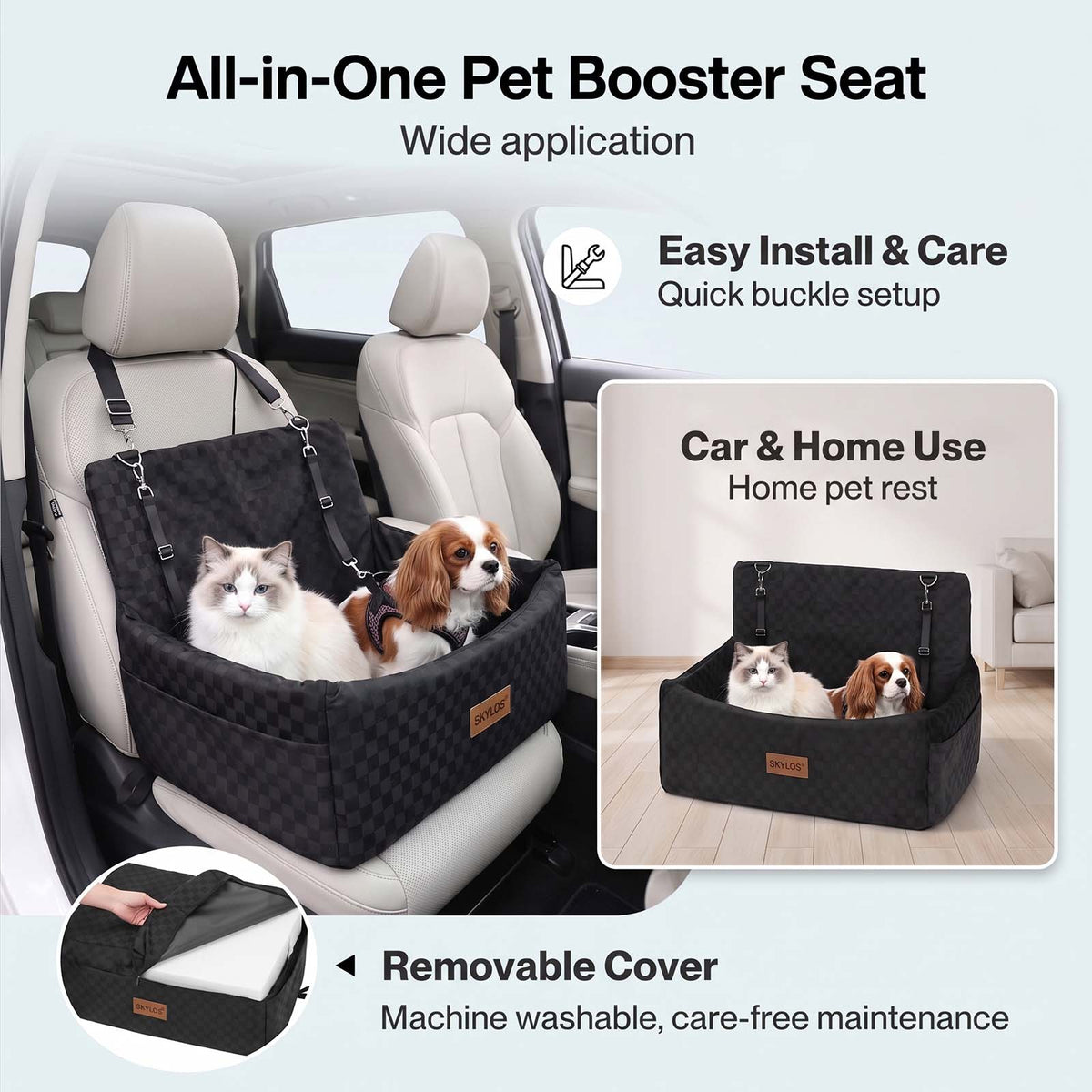 Skylos Large Dog Car Seat Booster Dual-Sided Plush Cool Bed Washable