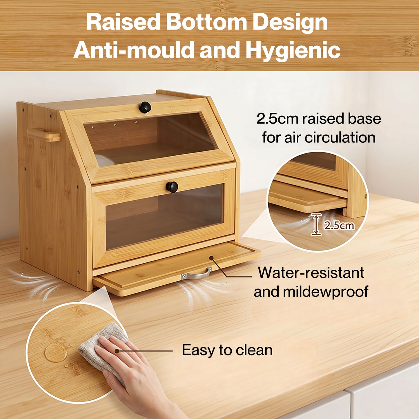 TOQUE 33L Bamboo Bread Bin with Cutting Board Bread Storage Box Natural
