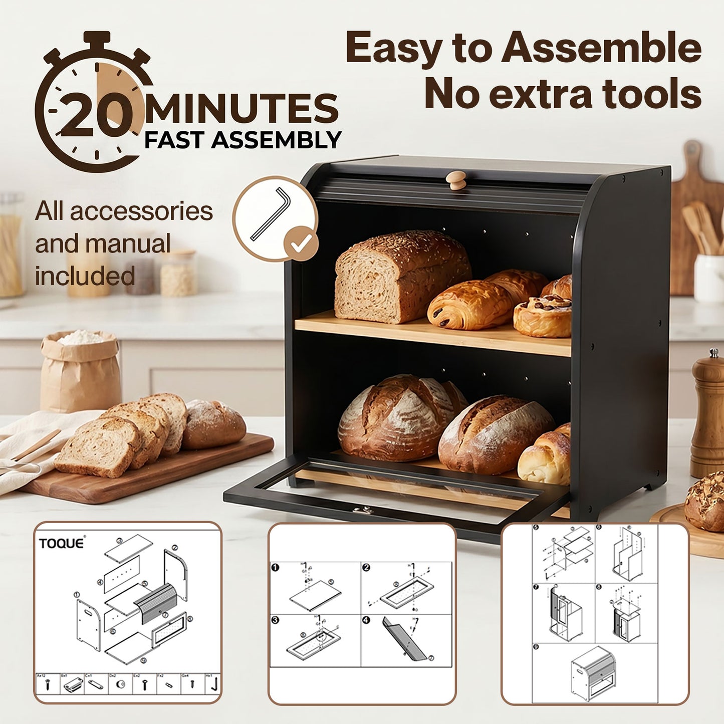Bread Box  2-Tier Large Capacity Roll Top  Black Bamboo  Acrylic Door
