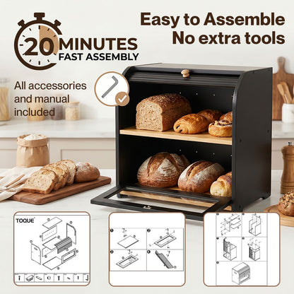 Bread Box  2-Tier Large Capacity Roll Top  Black Bamboo  Acrylic Door